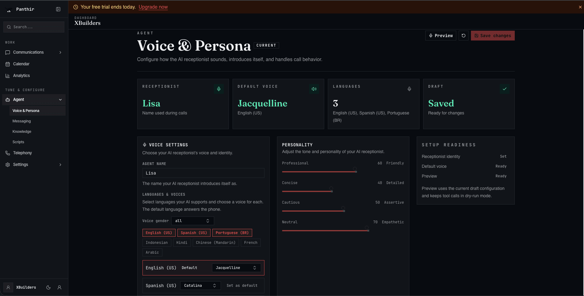 Panthir AI receptionist console